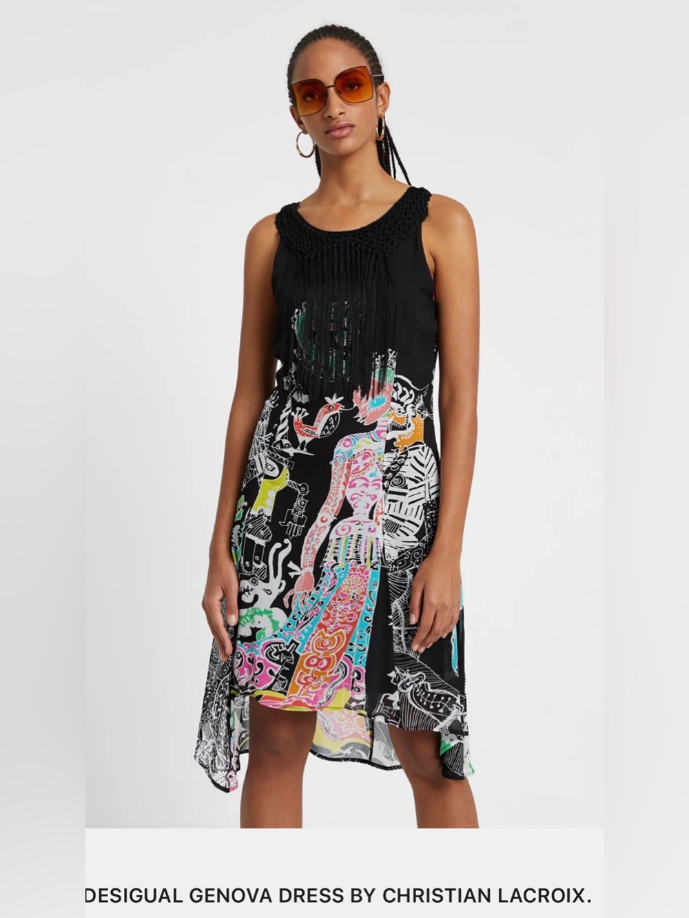 Desigual Christian Lacroix Black Multicolor Fringe High-Low Dress